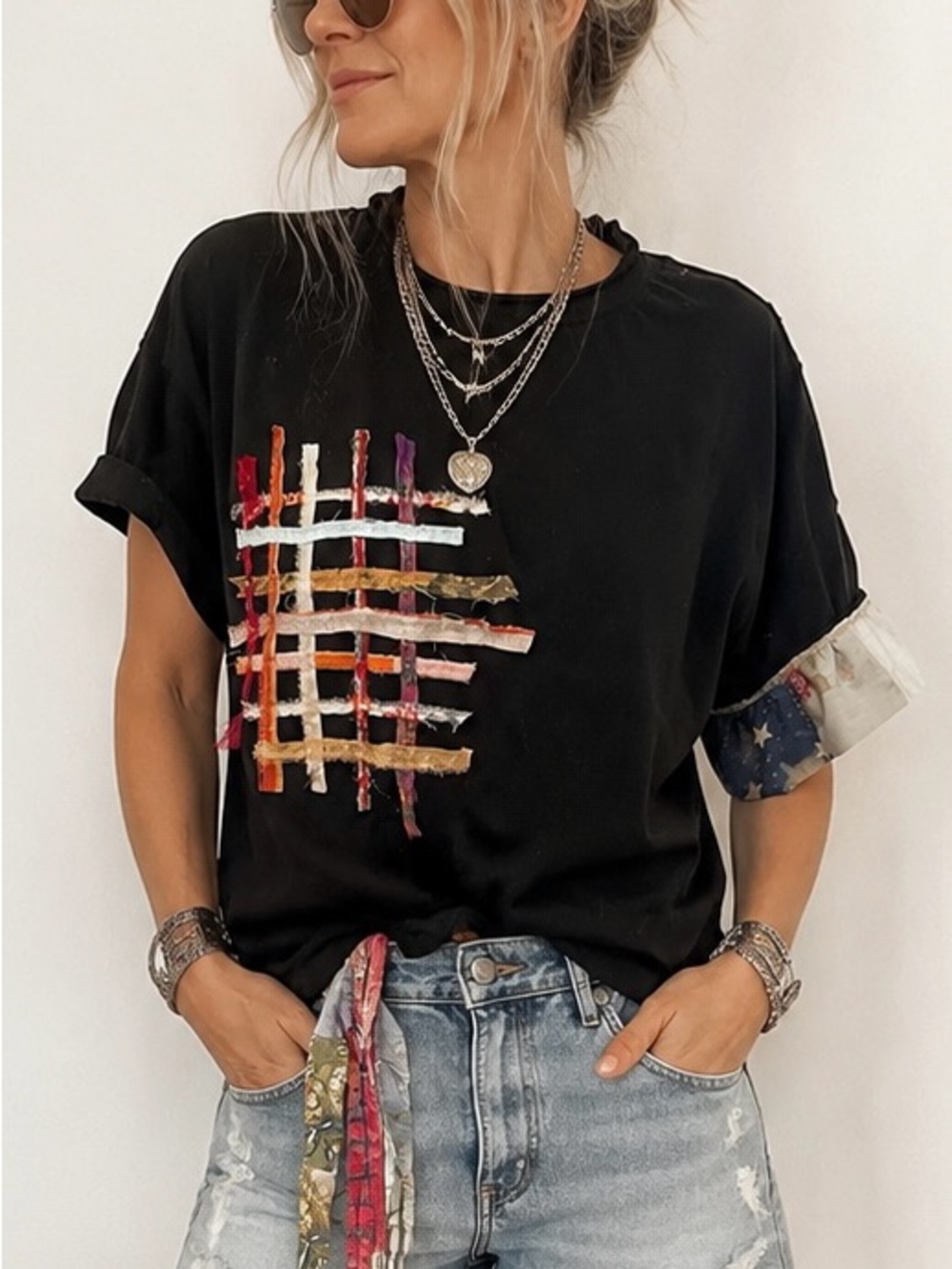 Upcycled Women’s Black Short Sleeve Graphic Tee with Multicolor Patch Detail